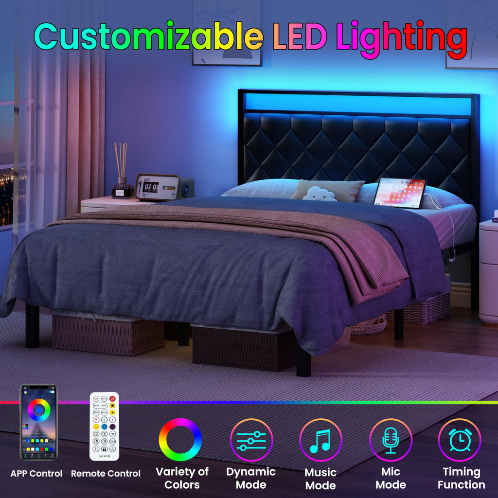 Full Size Black Metal Bed Frame with LED Lights & Charging Station F81128
