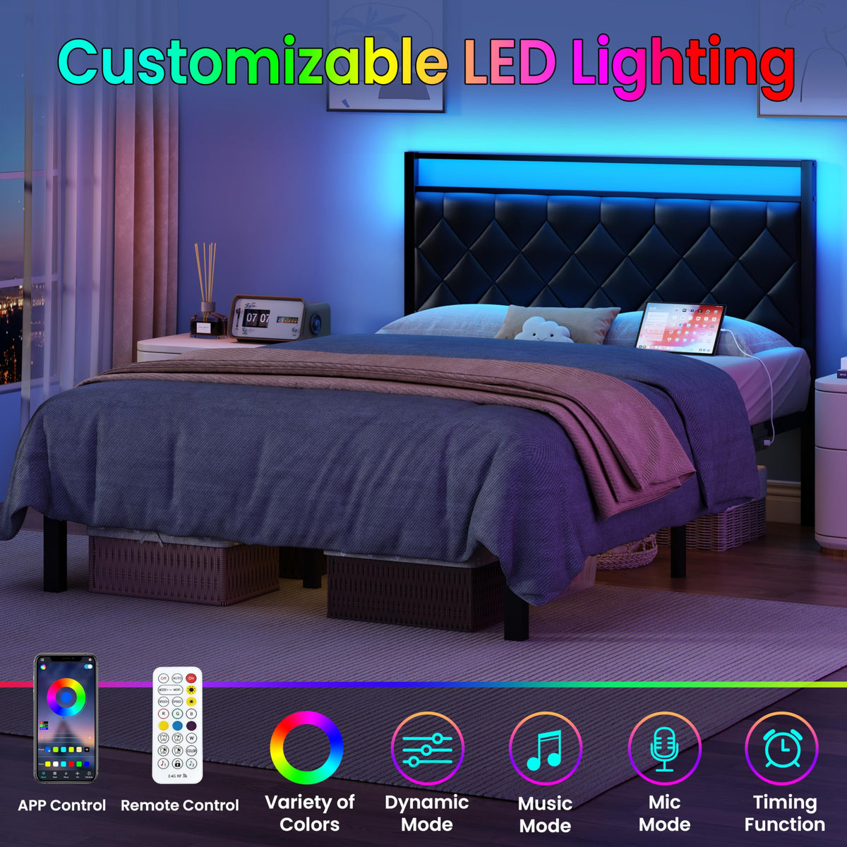 Full Size Black Metal Bed Frame with LED Lights & Charging Station F81128